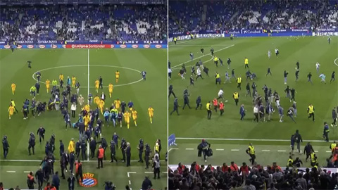 Fan Espanyol tràn xuống sân tấn công cầu thủ Barca