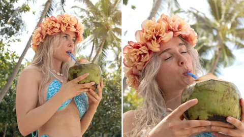 Fan nữ MU, Therese Gudmundsen hút nước dừa cũng đáng yêu